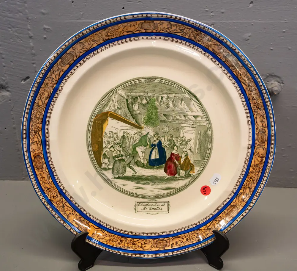 vintage Adams wall charger - Dickens' Pickwick Papers "Christmas Eve at Mr. Wardell's" with hanging cord - minor crazing Image 1++