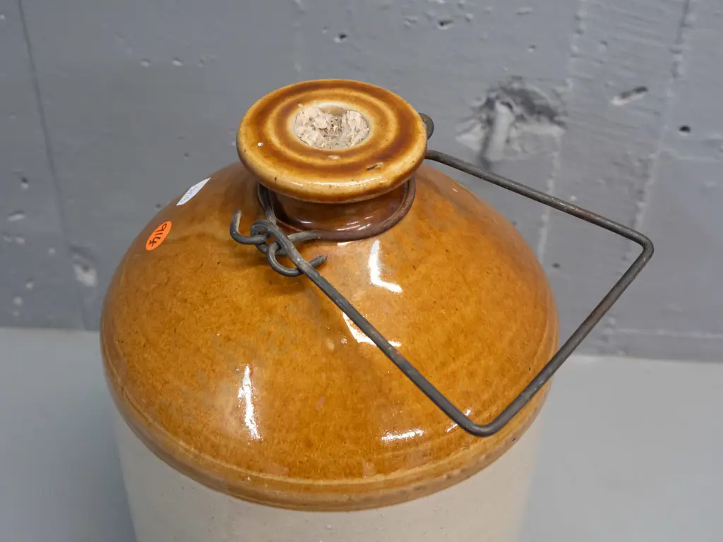 narrow mouth stoneware crock marked Walker's Trading Milton - with Stour Ware Timaru maker's stamp, wire handle broken Image 1++