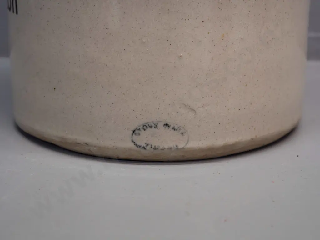 narrow mouth stoneware crock marked Walker's Trading Milton - with Stour Ware Timaru maker's stamp, wire handle broken Image 1++