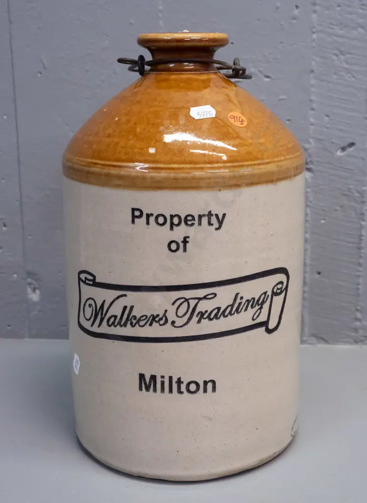 narrow mouth stoneware crock marked Walker's Trading Milton - with Stour Ware Timaru maker's stamp, wire handle broken Image 1++