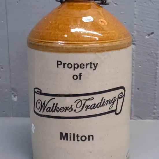 narrow mouth stoneware crock marked Walker's Trading Milton - with Stour Ware Timaru maker's stamp, wire handle broken