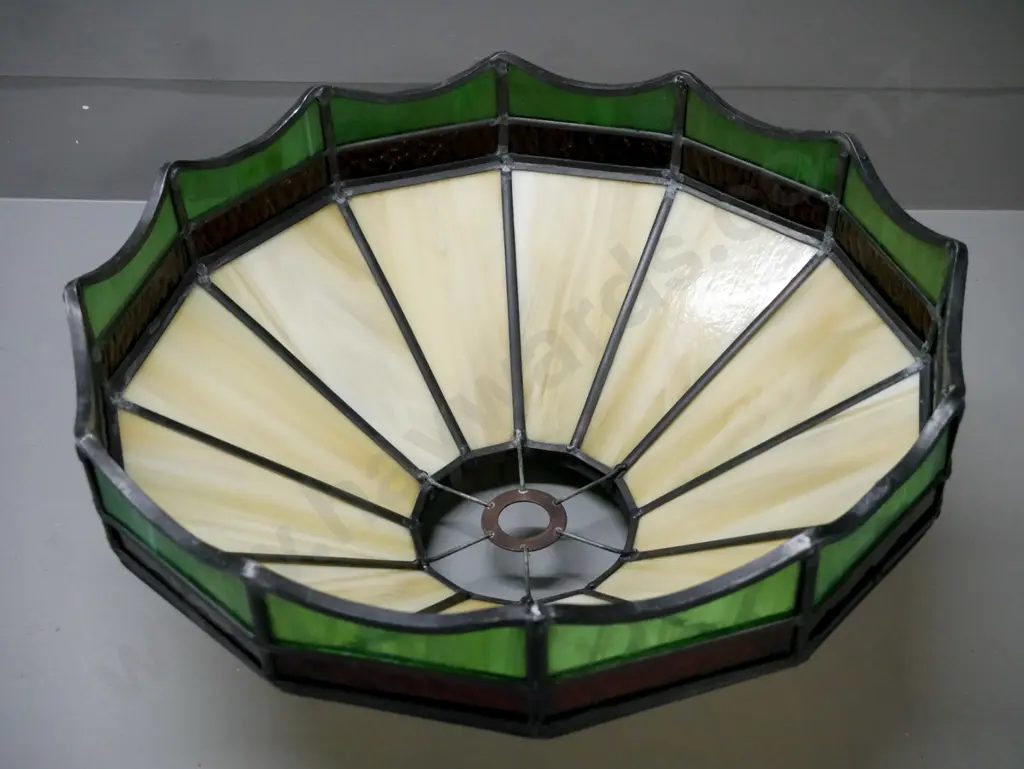 stained glass lampshade with marble cream & emerald green glass w/ fitting D- 420 [some corrosion to fitting] Image 1++