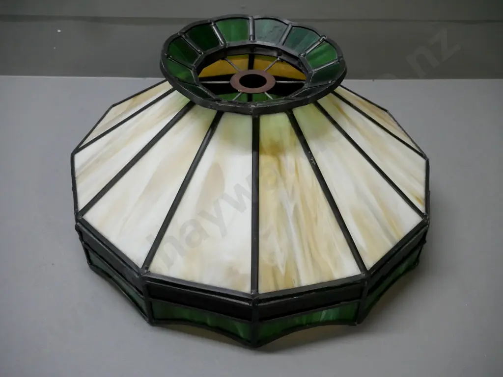 stained glass lampshade with marble cream & emerald green glass w/ fitting D- 420 [some corrosion to fitting] Image 1++