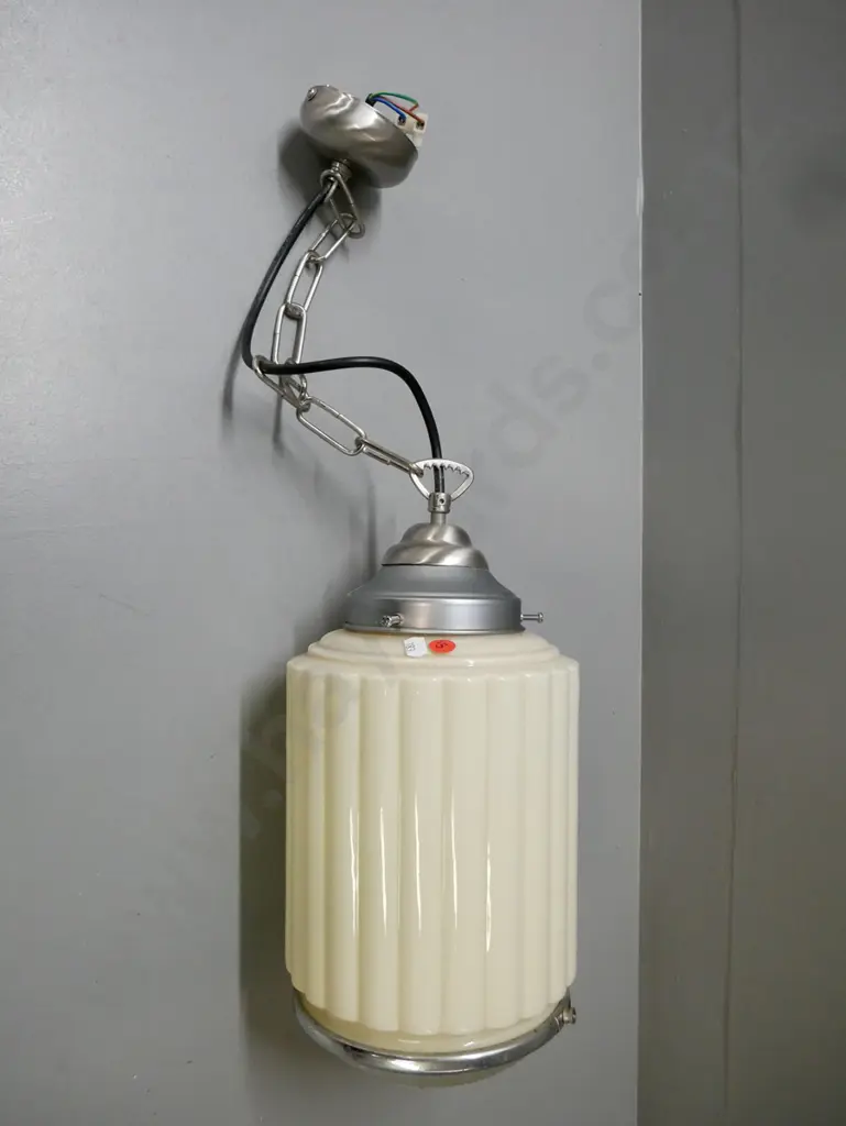 vintage Art Deco skyscraper pendant light shade, cream-coloured ribbed milk glass cylinder w/ fittings H-380 D-170 Image 1++