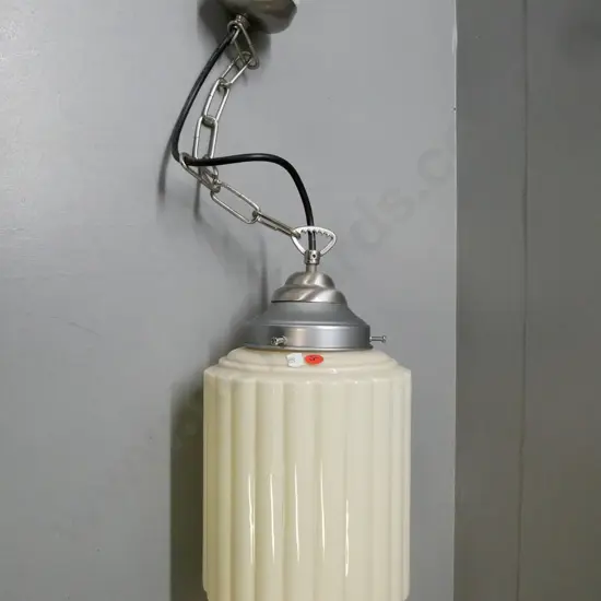 vintage Art Deco skyscraper pendant light shade, cream-coloured ribbed milk glass cylinder w/ fittings H-380 D-170