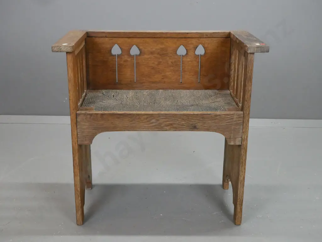 vintage oak arts & crafts style seat with slatted sides, pierced back, storage under lift-out woven seagrass seat - Image 1++