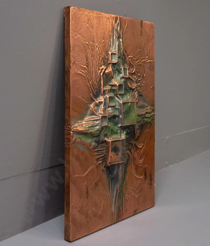 vintage modernist abstract pressed copper relief on board with green enamel decoration, unknown signature H-385 W-260 Image 1++