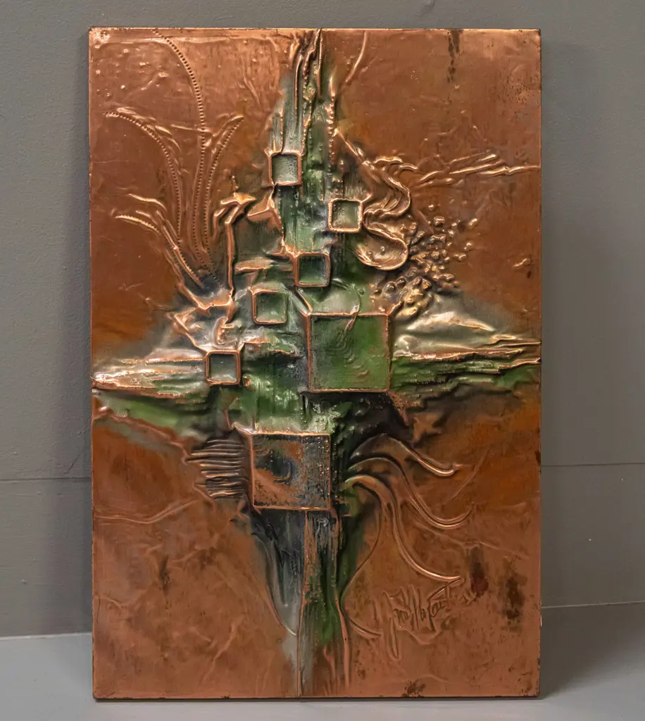 vintage modernist abstract pressed copper relief on board with green enamel decoration, unknown signature H-385 W-260 Image 1++