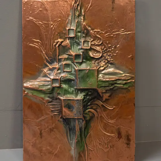 vintage modernist abstract pressed copper relief on board with green enamel decoration, unknown signature H-385 W-260