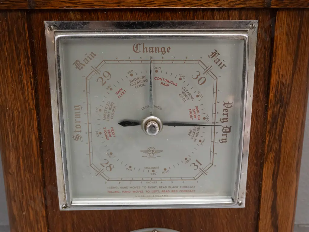 oak-cased wall barometer-thermometer with silver faces - marked SB / Smiths British Made - minor corrosion around chrome Image 1++