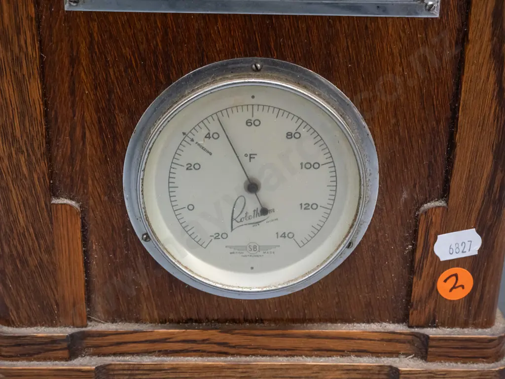 oak-cased wall barometer-thermometer with silver faces - marked SB / Smiths British Made - minor corrosion around chrome Image 1++