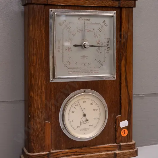 oak-cased wall barometer-thermometer with silver faces - marked SB / Smiths British Made - minor corrosion around chrome