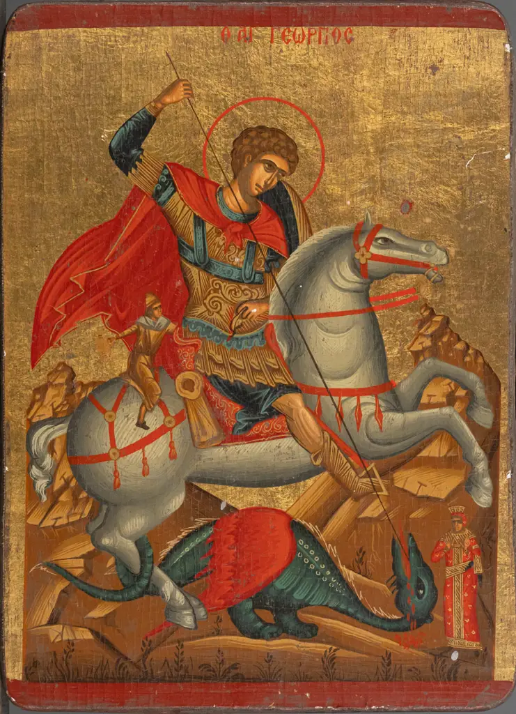 Greek Orthodox Icon -- tempera and gold leaf on wood, St George slaying the dragon H-260 W-190 [few v small chips Image 1++