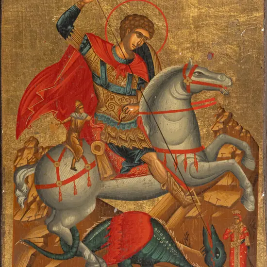 Greek Orthodox Icon -- tempera and gold leaf on wood, St George slaying the dragon H-260 W-190 [few v small chips