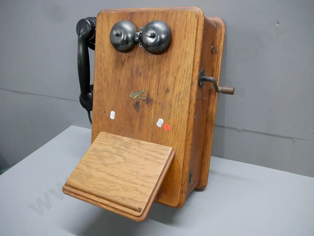vintage oak-cased wall mounted Ericsson telephone w/original transfer, inside seems intact, no battery H-420 W-260 Image 1++