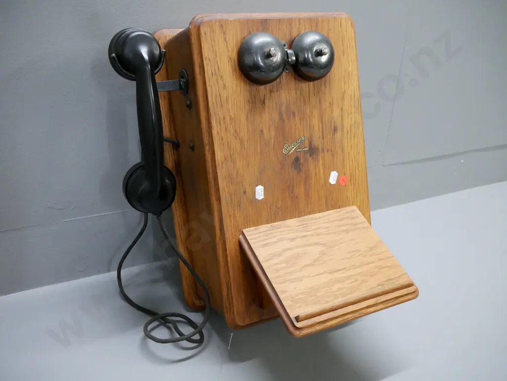 vintage oak-cased wall mounted Ericsson telephone w/original transfer, inside seems intact, no battery H-420 W-260 Image 1++