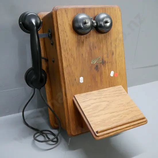 vintage oak-cased wall mounted Ericsson telephone w/original transfer, inside seems intact, no battery H-420 W-260