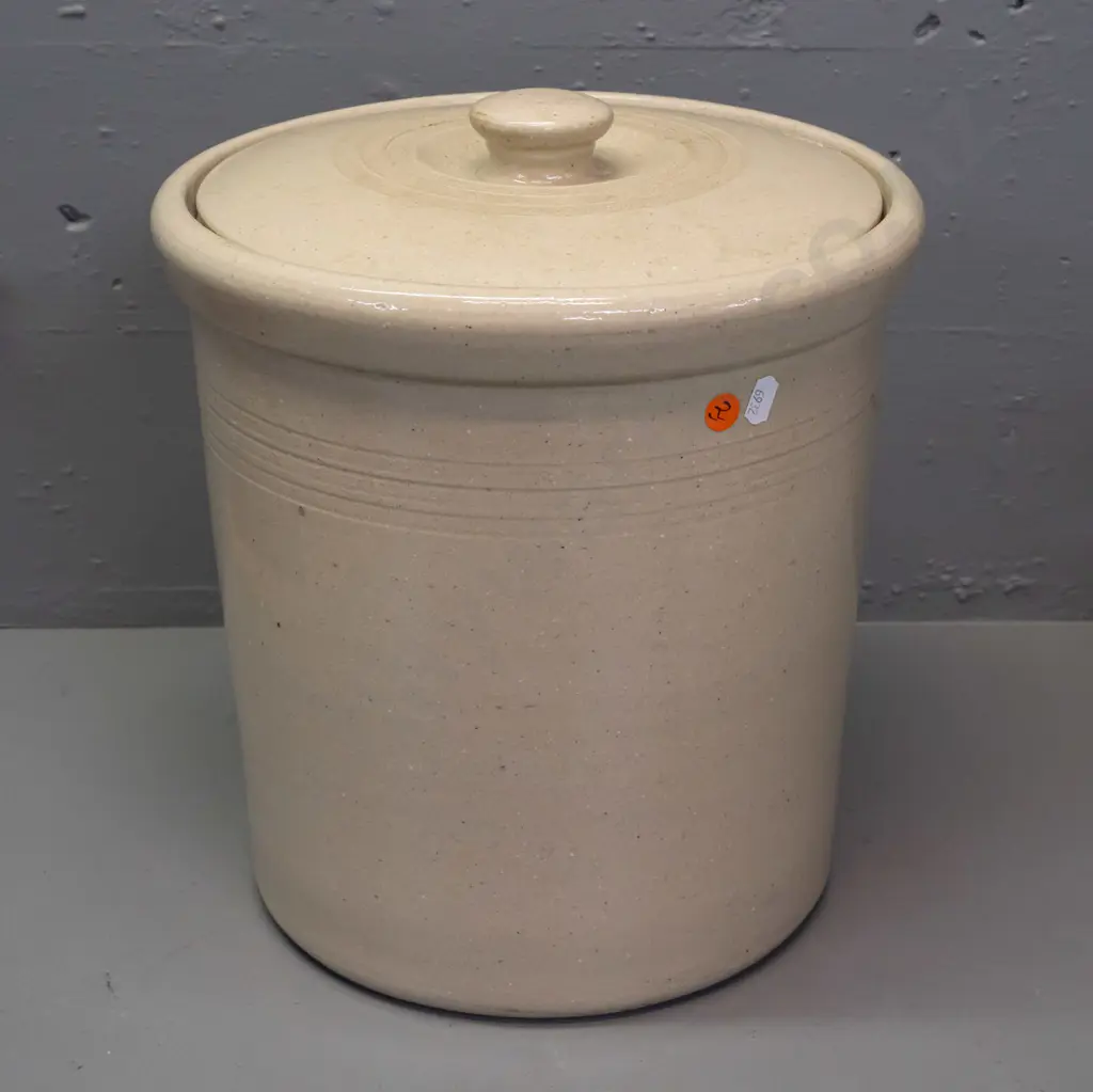 lidded stoneware wide-mouth crock - marked Made by Temuka Potteries on base. Repaired chip in lid H-320 D-300 Image 1++