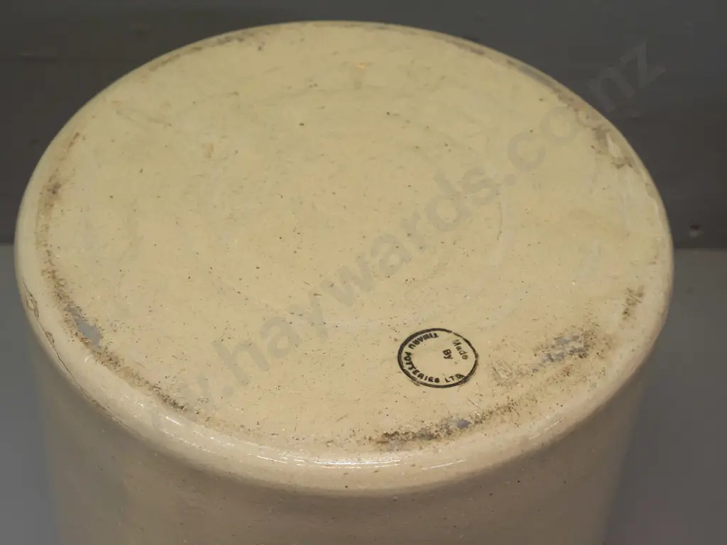 lidded stoneware wide-mouth crock - marked Made by Temuka Potteries on base. Repaired chip in lid H-320 D-300 Image 1++
