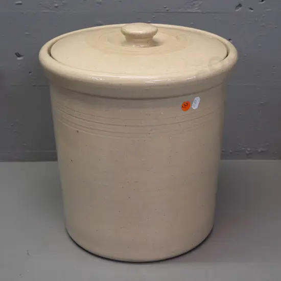 lidded stoneware wide-mouth crock - marked Made by Temuka Potteries on base. Repaired chip in lid H-320 D-300