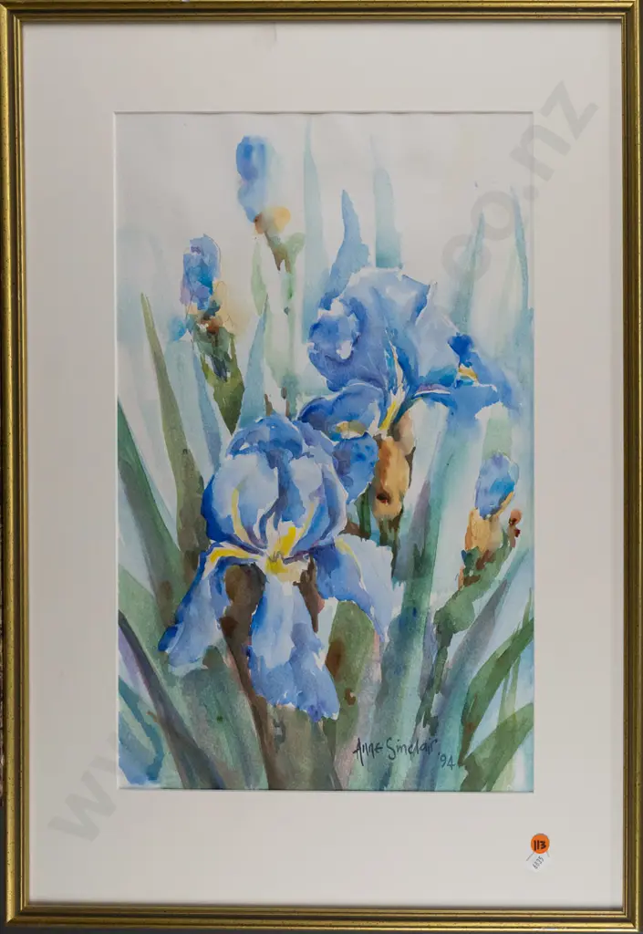 Anne Sinclair 1994 -- framed watercolour on paper, "Irises" H-500 W-315 Image 1++