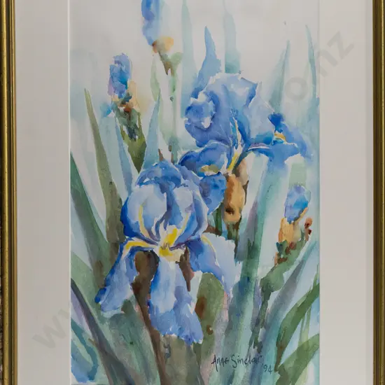 Anne Sinclair 1994 -- framed watercolour on paper, "Irises" H-500 W-315