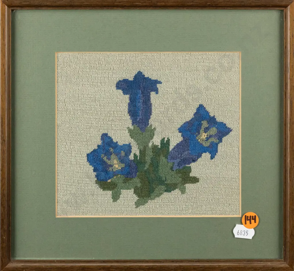 framed cross-stitch, gentians, H-135 W-150 Image 1++
