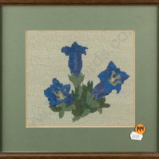 framed cross-stitch, gentians, H-135 W-150