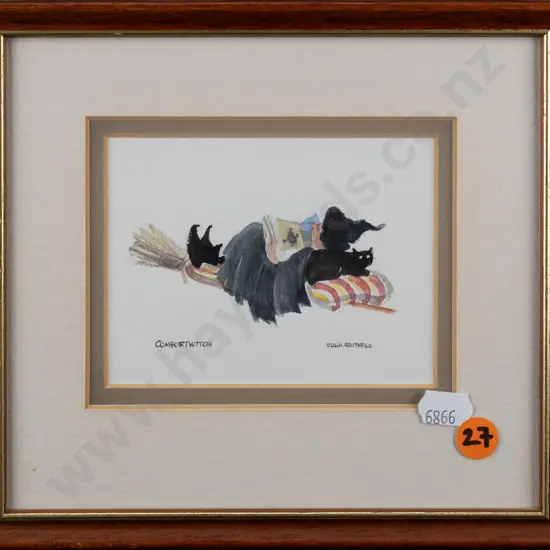 Julia Faithful -- framed watercolour "Comfort Witch" H-80 W-105