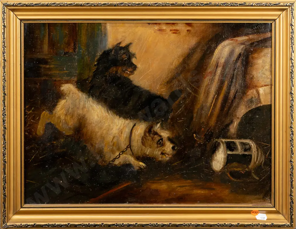 framed oil on canvas - 2 terriers - illegible siganture bottom right (copy from George Armfield?) - some scratches and Image 1++