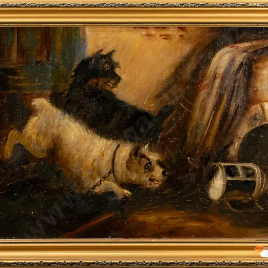 framed oil on canvas - 2 terriers - illegible siganture bottom right (copy from George Armfield?) - some scratches and