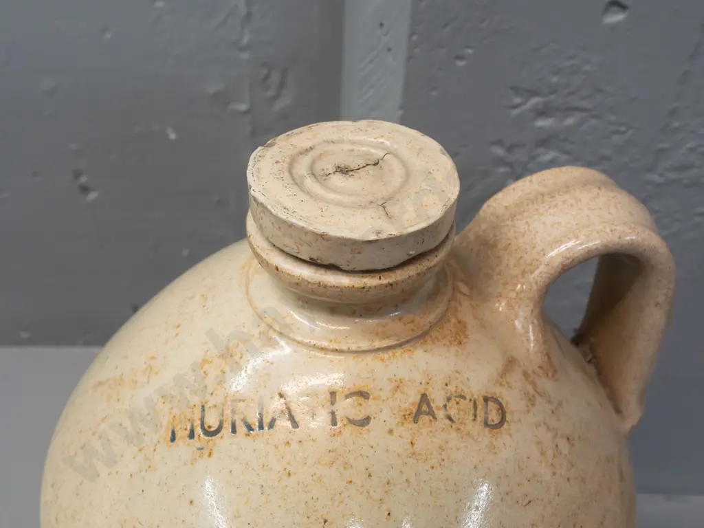 large stoneware crock with original threaded stopper - marked Muriatic Acid - Poisonous - blurry maker's mark (Timaru?) Image 1++