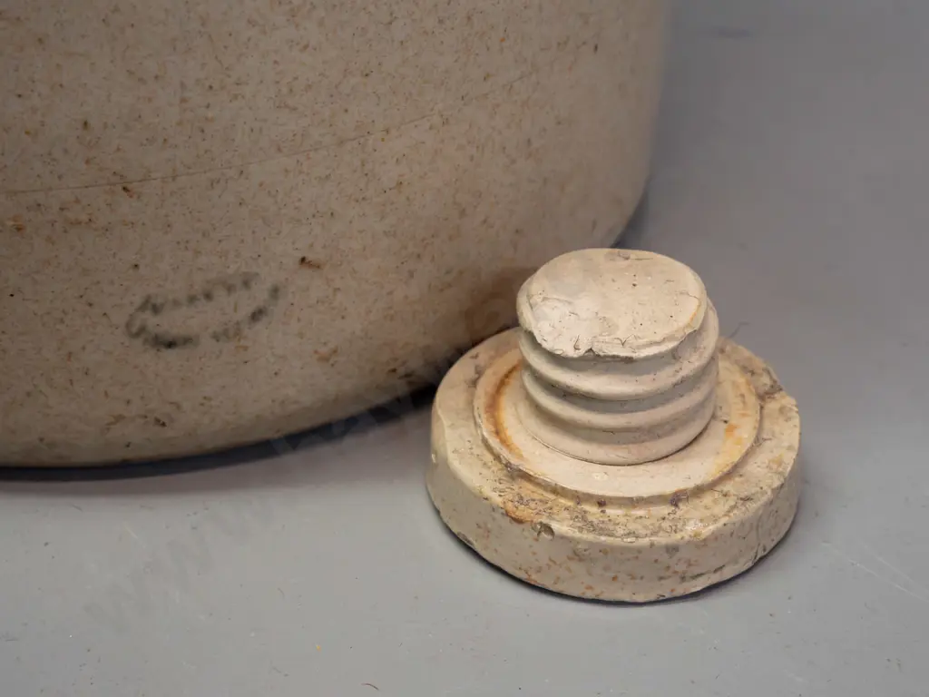 large stoneware crock with original threaded stopper - marked Muriatic Acid - Poisonous - blurry maker's mark (Timaru?) Image 1++