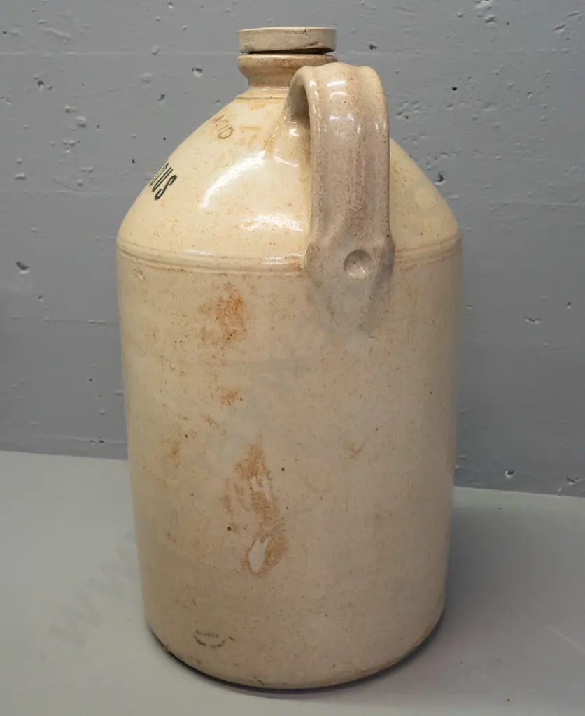 large stoneware crock with original threaded stopper - marked Muriatic Acid - Poisonous - blurry maker's mark (Timaru?) Image 1++