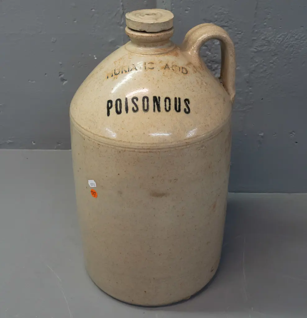large stoneware crock with original threaded stopper - marked Muriatic Acid - Poisonous - blurry maker's mark (Timaru?) Image 1++