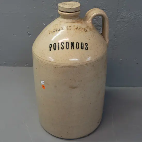 large stoneware crock with original threaded stopper - marked Muriatic Acid - Poisonous - blurry maker's mark (Timaru?)