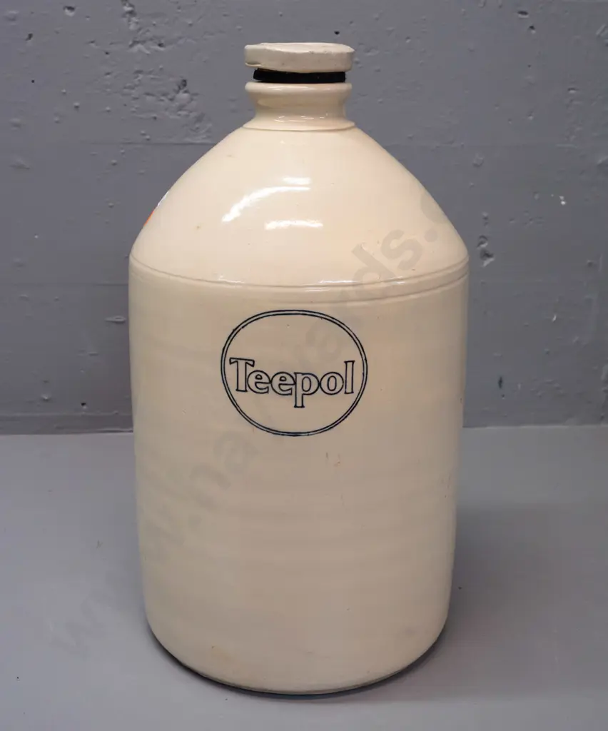stoneware crock with Teepol branding, threaded stopper & rubber seal - has small chip on top rim and on stopper, Image 1++