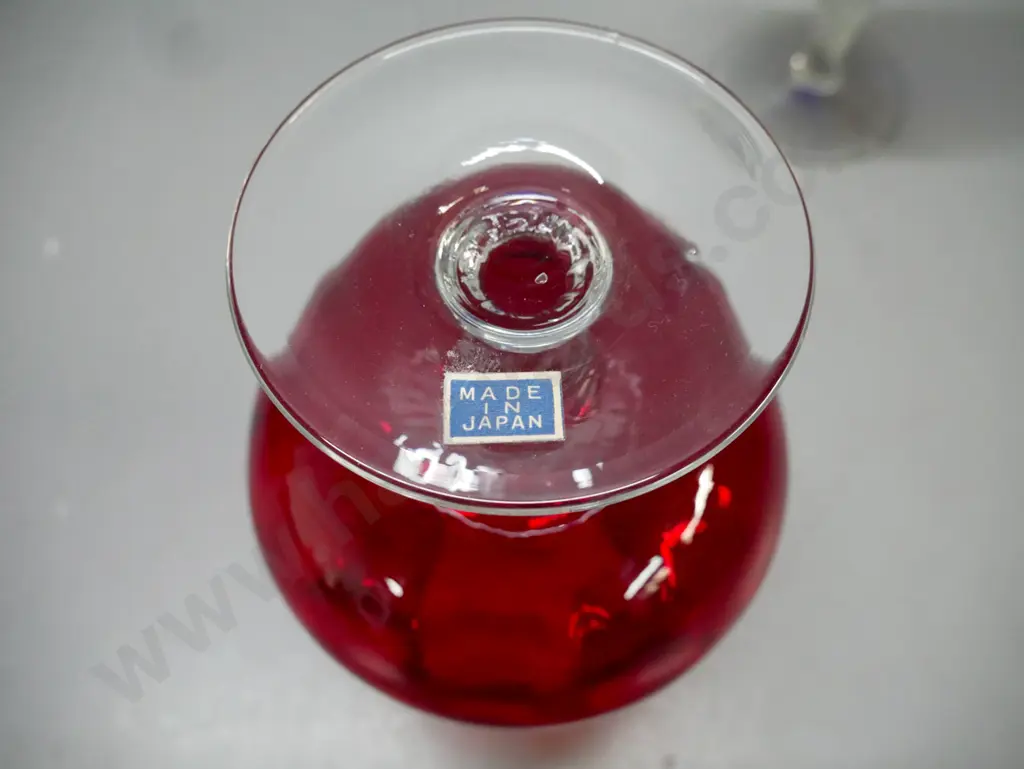 2x vintage scalloped rim art glass vase w/ twisted glass stems, cobalt blue & ruby red. Larger H-250 Image 1++
