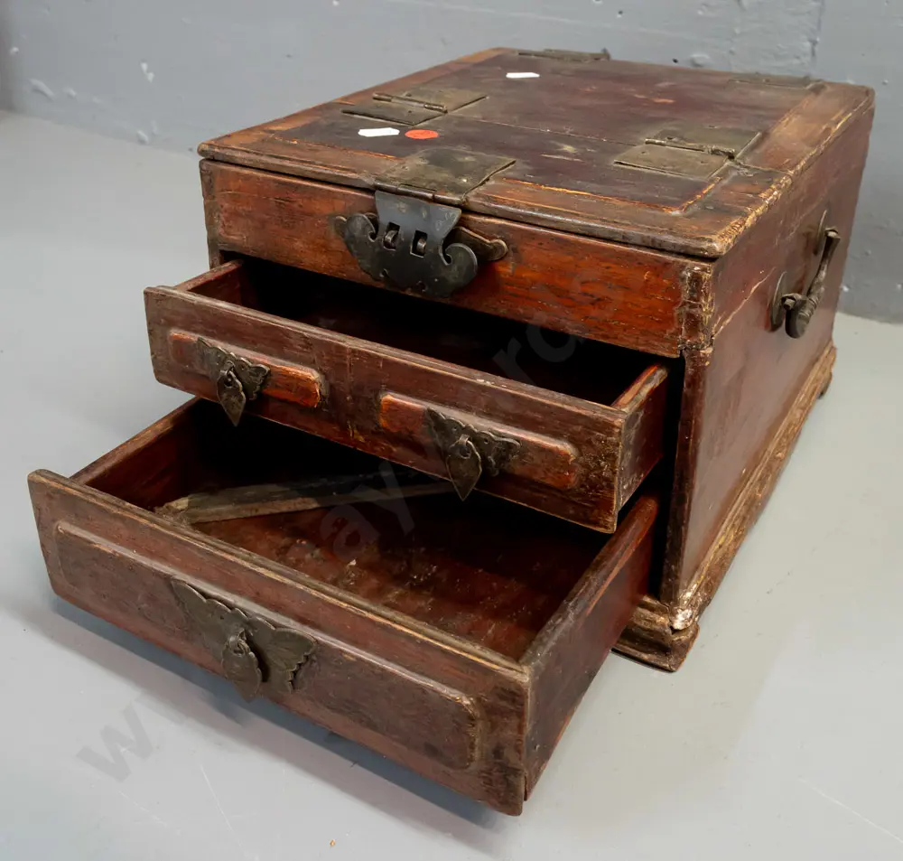 vintage Chinese elm portable dressing table case w/ hinged mirror top w/ hidden compartment, 3 drawers, engraved brass Image 1++