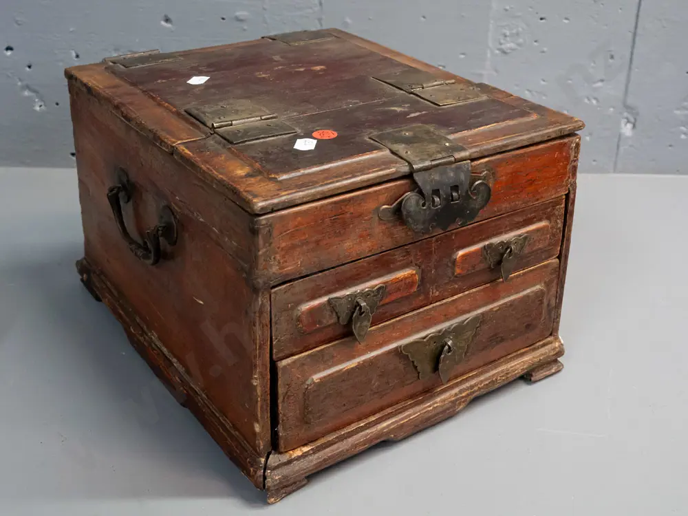 vintage Chinese elm portable dressing table case w/ hinged mirror top w/ hidden compartment, 3 drawers, engraved brass Image 1++
