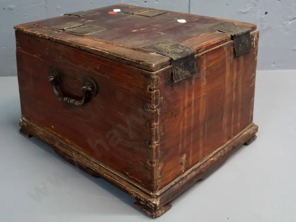 vintage Chinese elm portable dressing table case w/ hinged mirror top w/ hidden compartment, 3 drawers, engraved brass Image 1++