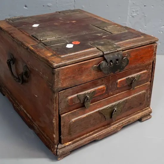 vintage Chinese elm portable dressing table case w/ hinged mirror top w/ hidden compartment, 3 drawers, engraved brass