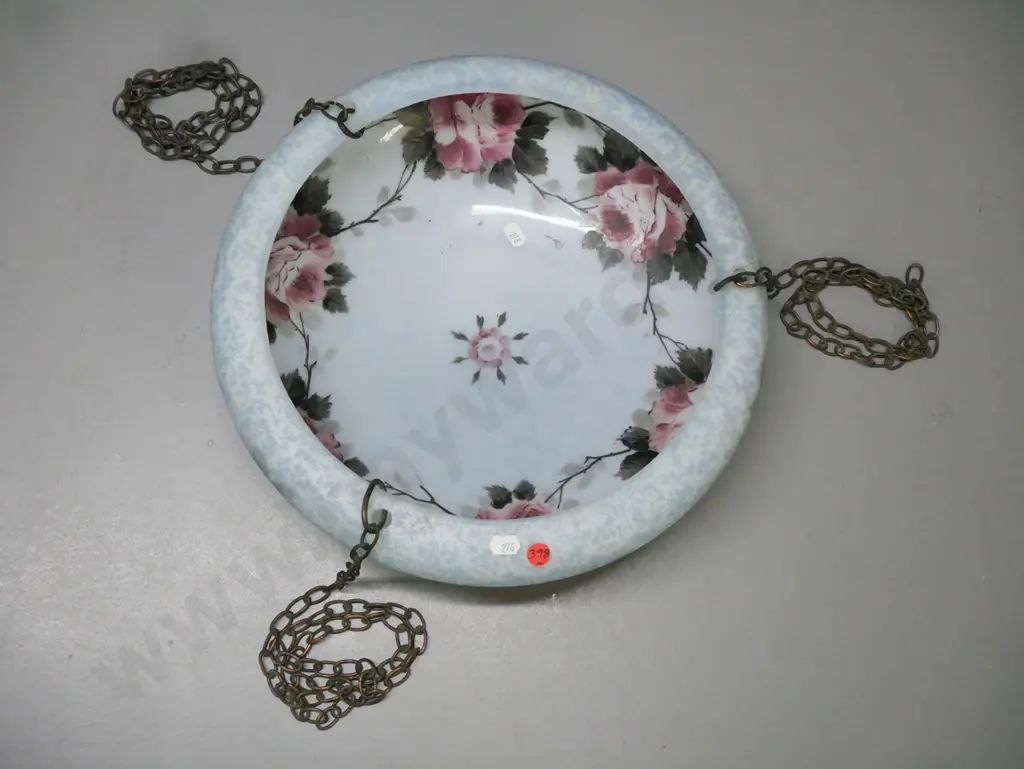 hanging dish shaped light shade in blue overlaid lace pattern & hand-painted roses to inside, w/ hanging change but no Image 1++