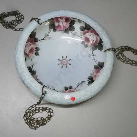 hanging dish shaped light shade in blue overlaid lace pattern & hand-painted roses to inside, w/ hanging change but no
