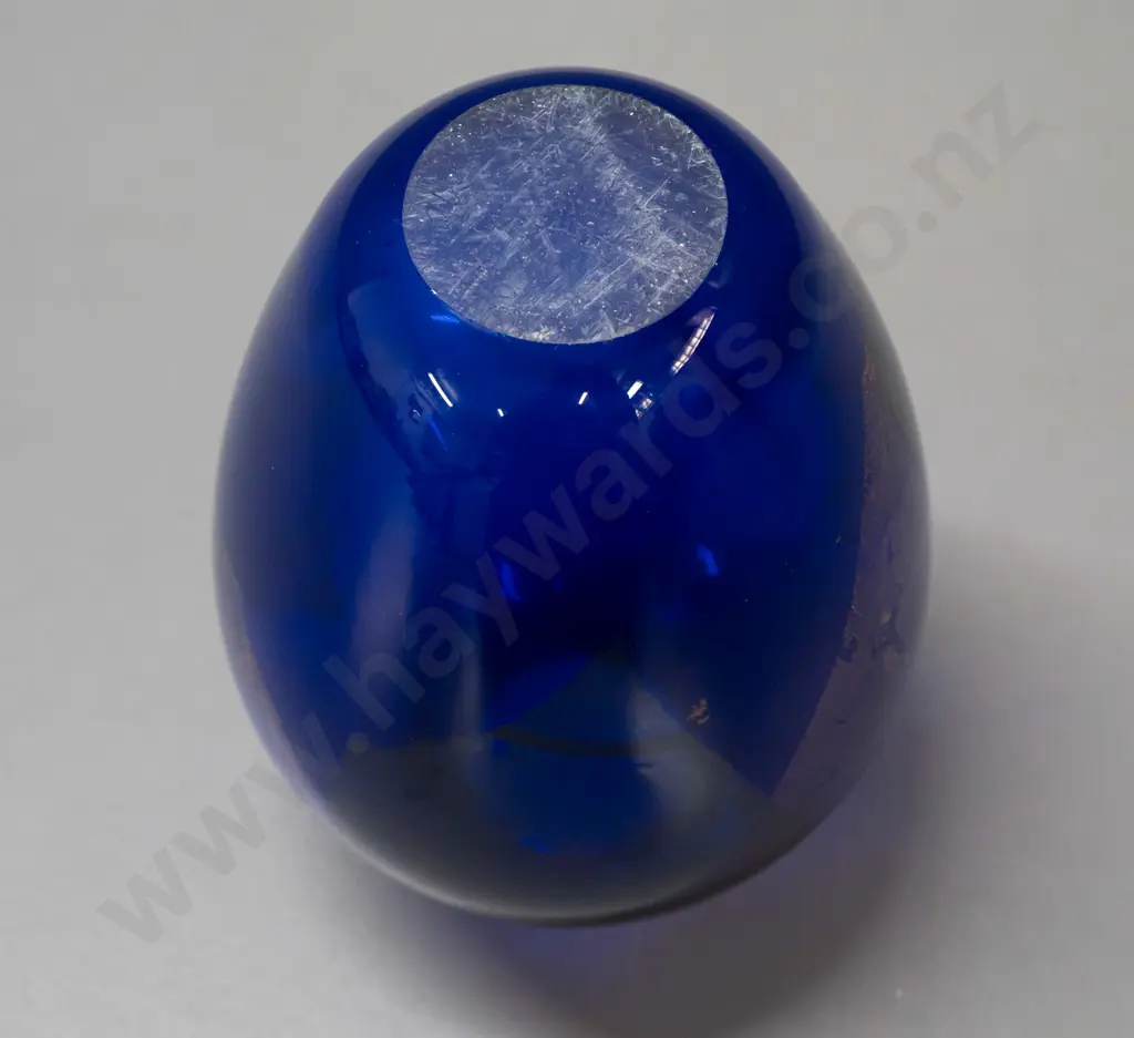 art glass vase - cobalt blue with gold and copper leaf - possibly Gary Nash, has faint unreadable mark on base H-180 Image 1++