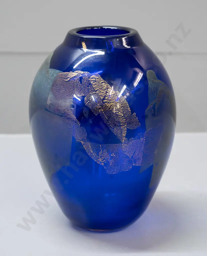 art glass vase - cobalt blue with gold and copper leaf - possibly Gary Nash, has faint unreadable mark on base H-180 Image 1++