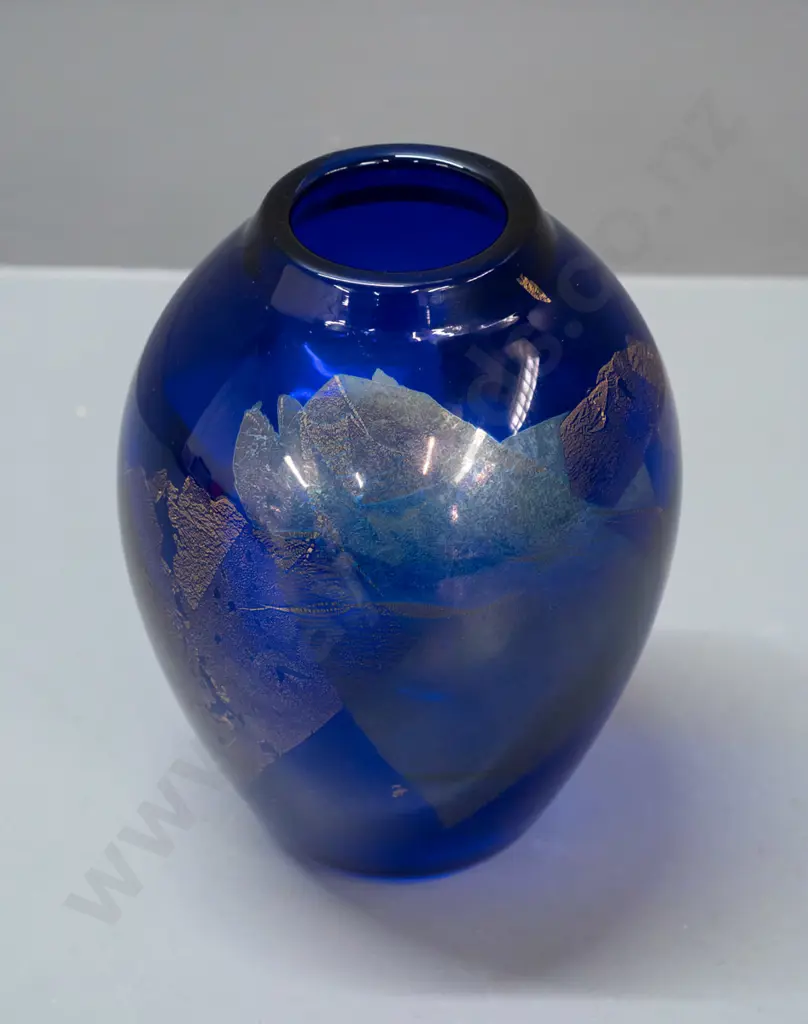 art glass vase - cobalt blue with gold and copper leaf - possibly Gary Nash, has faint unreadable mark on base H-180 Image 1++