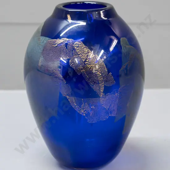 art glass vase - cobalt blue with gold and copper leaf - possibly Gary Nash, has faint unreadable mark on base H-180