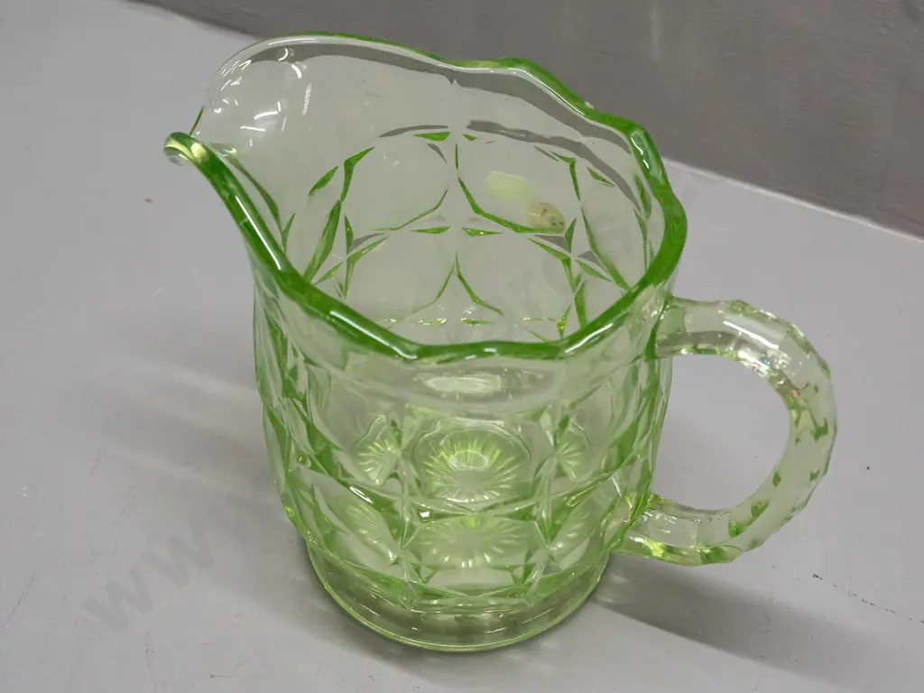 moulded uranium glass jug H-150 W-200 handle to spout Image 1++