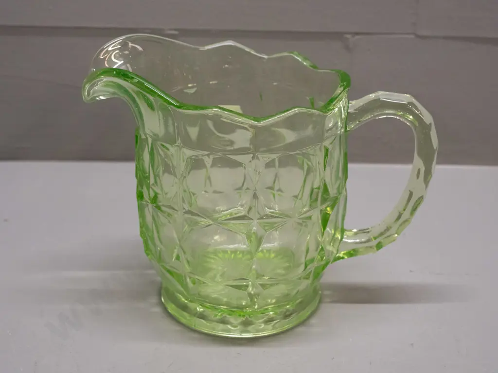 moulded uranium glass jug H-150 W-200 handle to spout Image 1++